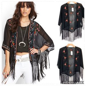 Forever 21 Floral Embroidered Fringe Kimono NWT